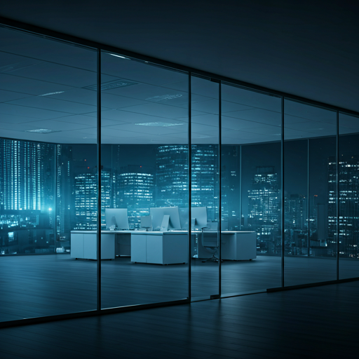 A futuristic office interior with glass walls reflecting city lights, illustrating a modern strategic consulting environment. High-end professional aesthetic with cool blue and deep navy tones, representing the corporate authority of AuroShift.